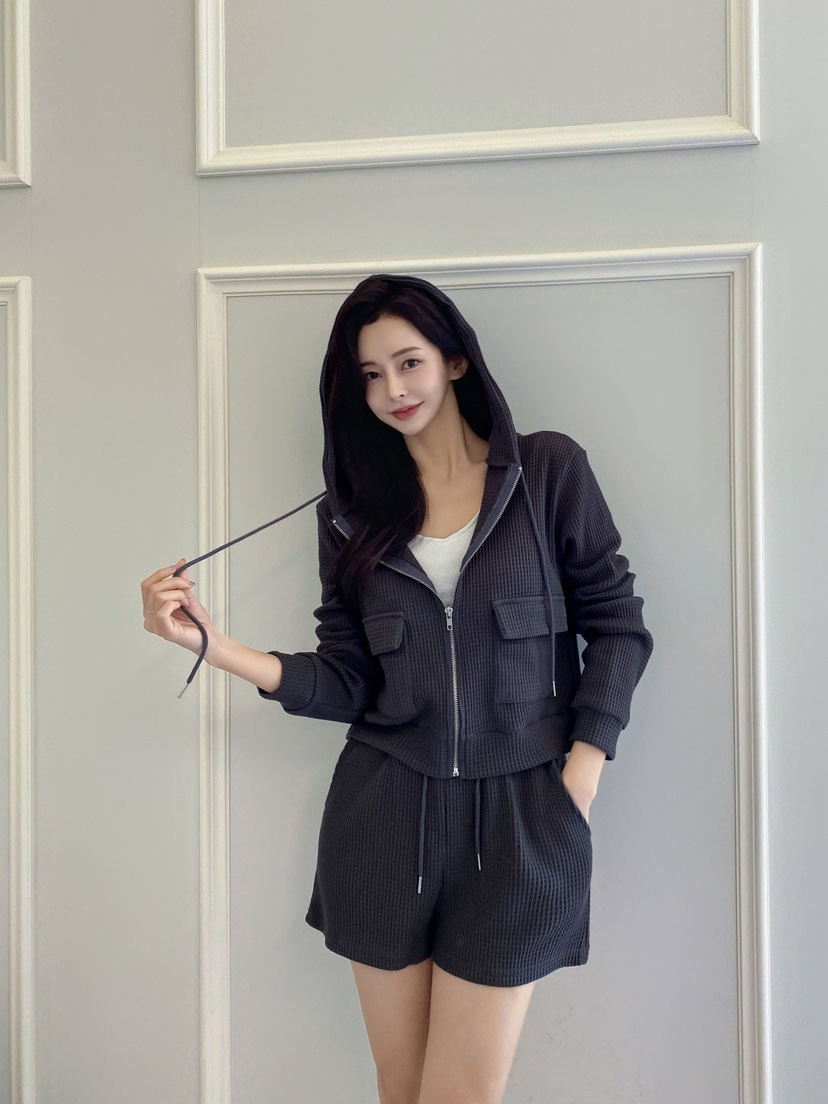 CLOTH韓國直郵㊣女士新品時尚25秋冬套裝華夫格拉鏈套裝連帽CLOTH套裝