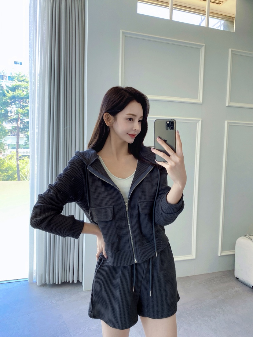 CLOTH韓國直郵㊣女士新品時尚25秋冬套裝華夫格拉鏈套裝連帽CLOTH套裝