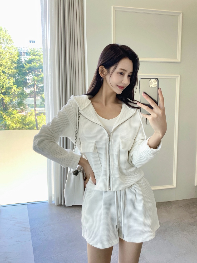 CLOTH韓國直郵㊣女士新品時尚25秋冬套裝華夫格拉鏈套裝連帽CLOTH套裝
