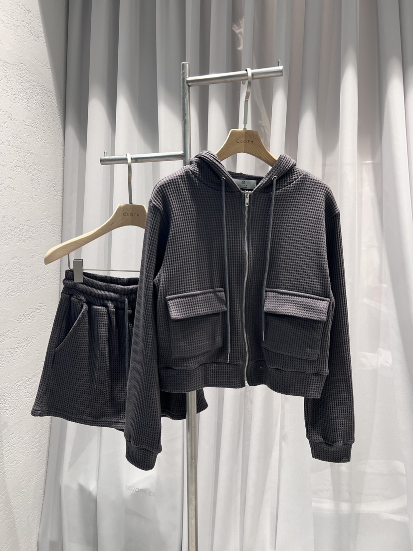 CLOTH韓國直郵㊣女士新品時尚25秋冬套裝華夫格拉鏈套裝連帽CLOTH套裝圖色2