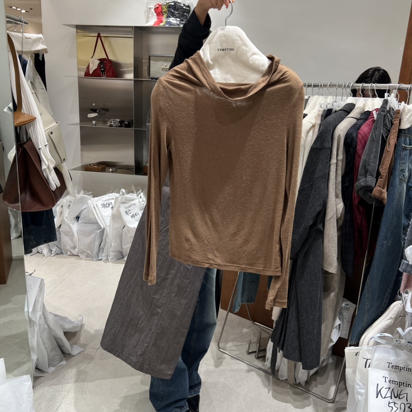 TEMPTING東大門㊣代購女士新品職業人氣時尚長袖T恤羊毛露肩TEMPTING長袖T恤圖色4