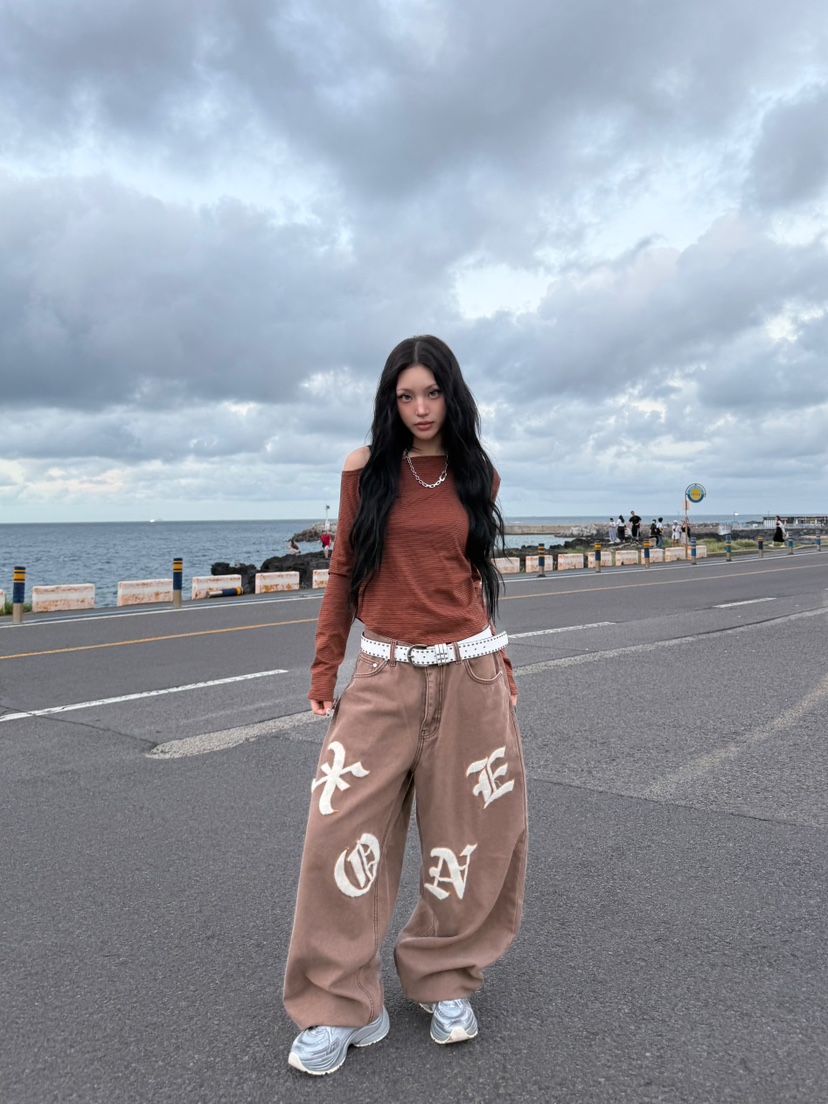 SEEOT東大門㊣代購女裝新品人氣休閑褲不含腰帶男女同款刺繡GGD休閑褲圖色1