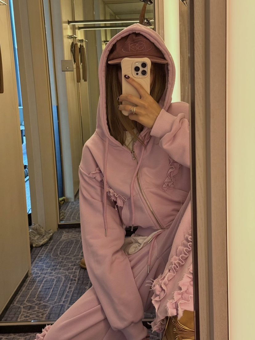 ZEROZERO韓國直郵㊣女士新款職業推薦衛衣荷葉邊連帽衫短款ZEROZERO衛衣