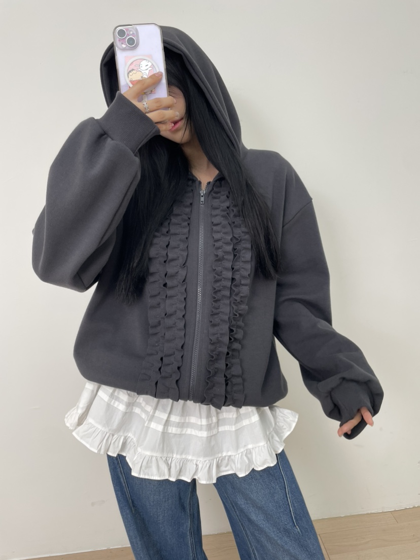 MILLIMETER韓國代購㊣女士新品熱賣休閑職業夾克荷葉邊兜帽MILLIMETER/MGML夾克