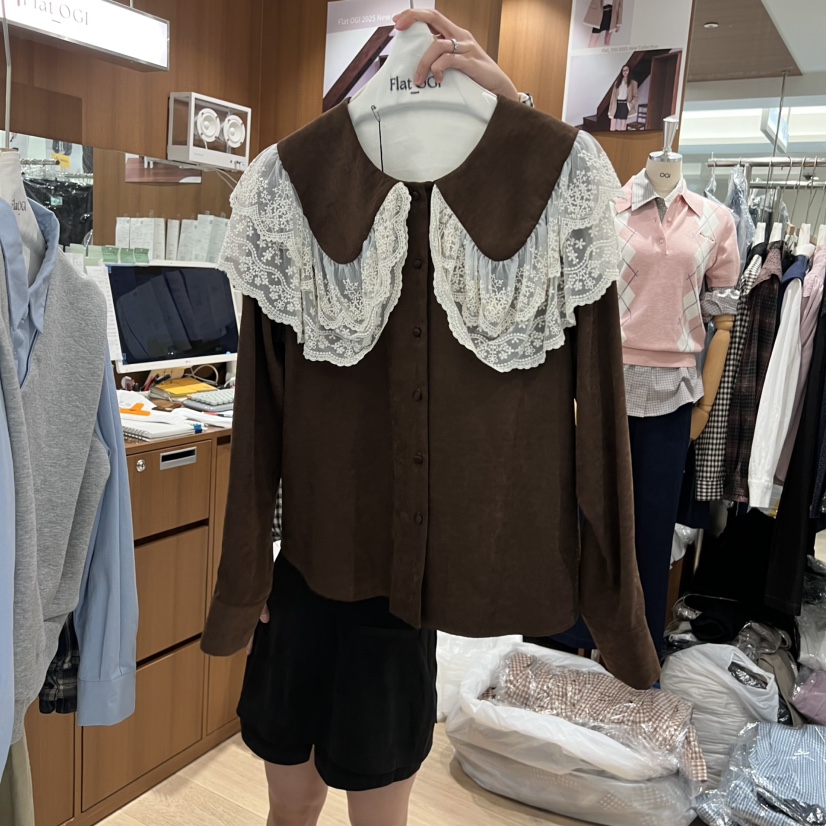 OGI韓國直郵㊣女裝新款真品時尚休閑人氣襯衫蕾絲衫蕾絲絲質FLat OGI襯衫/蕾絲衫