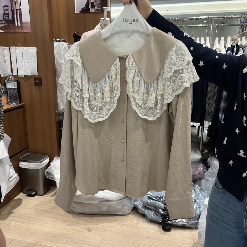 OGI韓國直郵㊣女裝新款真品時尚休閑人氣襯衫蕾絲衫蕾絲絲質FLat OGI襯衫/蕾絲衫圖色2