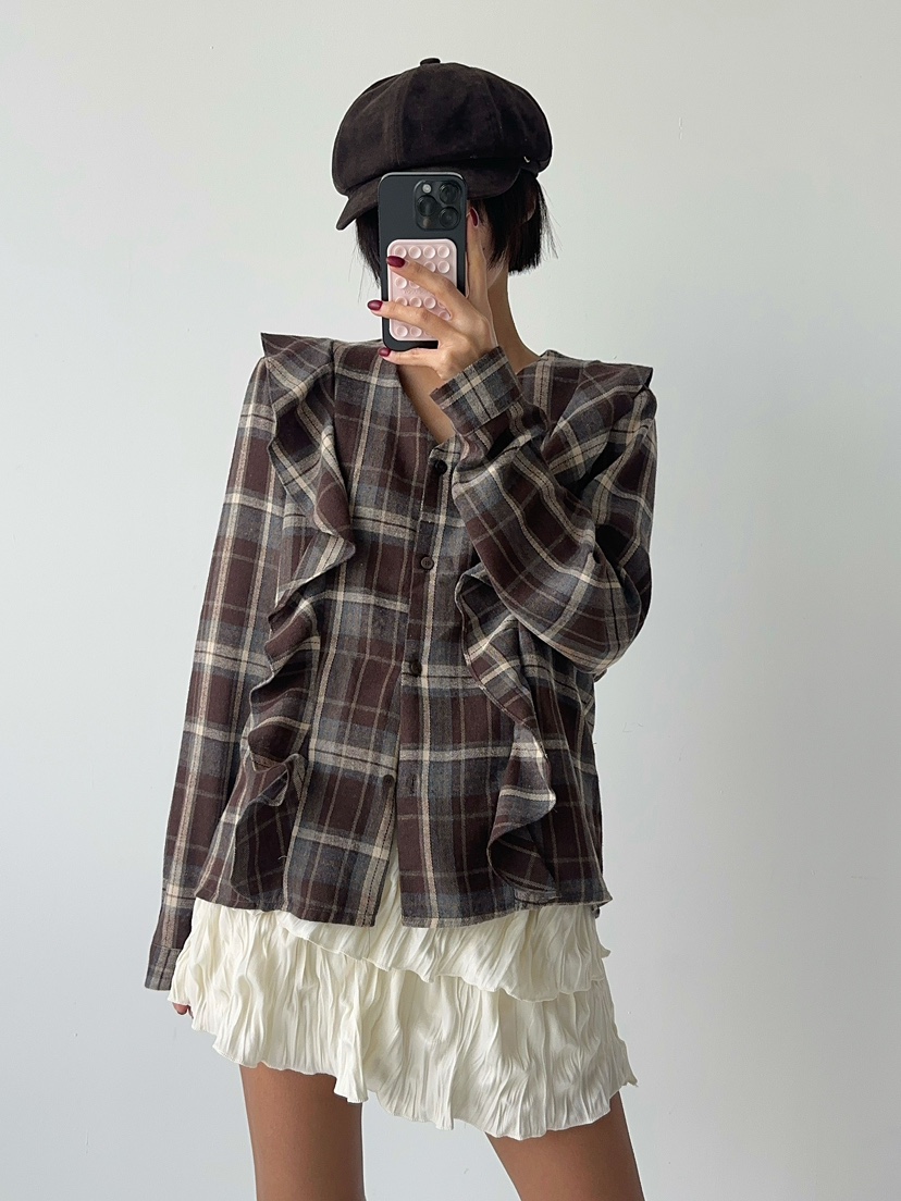 RED-J-레드.J-T東大門㊣代購女士新款休閑襯衫蕾絲衫荷葉邊格紋RED-J襯衫/蕾絲衫