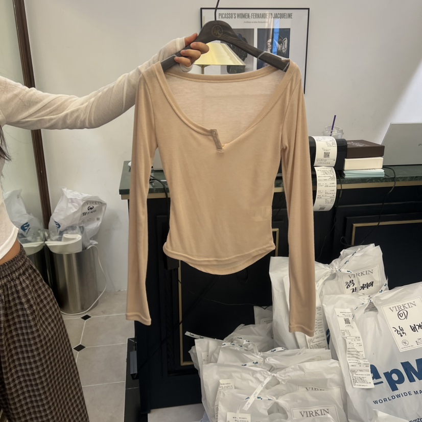 VIRKIN韓國代購㊣女裝新品職業真品人氣25秋冬推薦長袖T恤紐扣VIRKIN長袖T恤圖色3