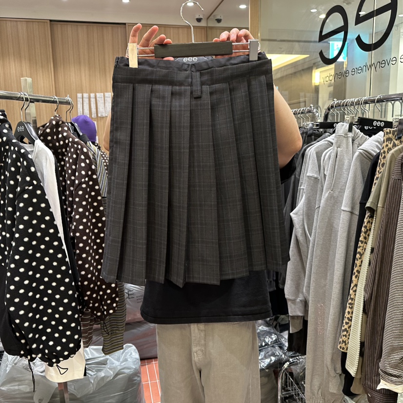 E/E/E韓國代購㊣女士新款人氣休閑推薦25秋冬半身裙中短裙褶皺E/E/E半身裙/中短裙