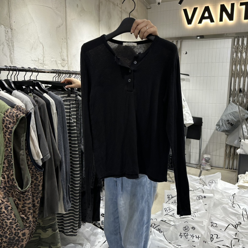 VANTA東大門㊣實拍女裝新品熱賣休閑推薦職業長袖T恤紐扣長款VANTA長袖T恤圖色3黑色