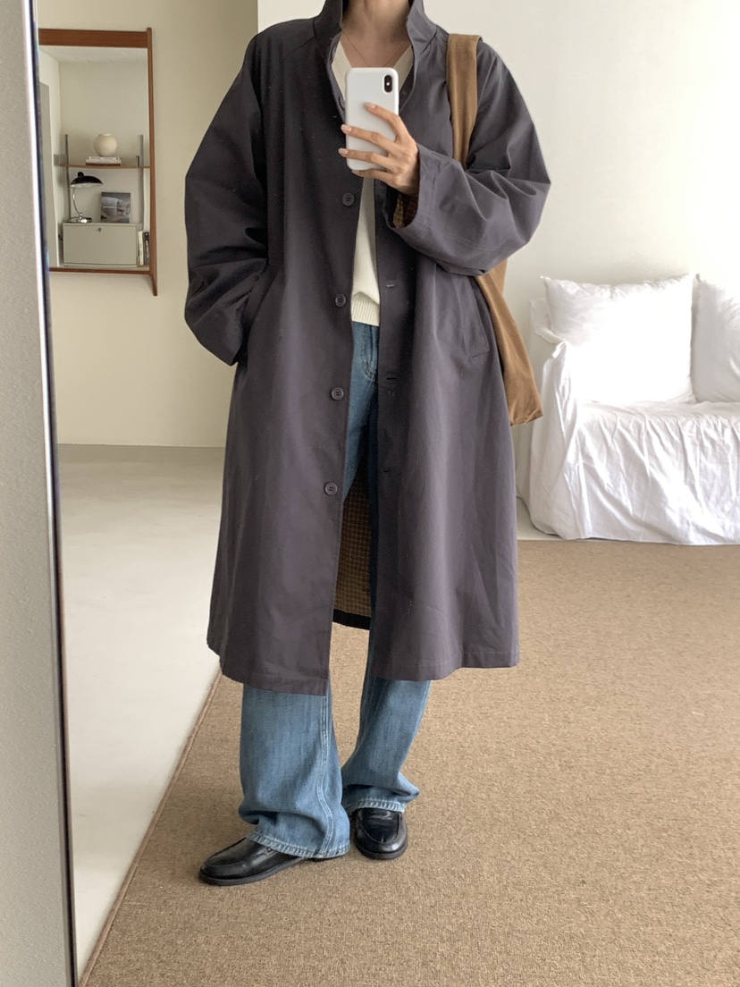 FRILL-T韓國代購㊣女裝新品人氣25秋冬職業真品長款風衣雙面FRILL-T長款風衣圖色2