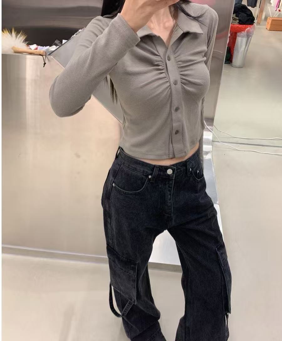 BADCALM韓國直郵㊣女裝新品時尚熱賣25秋冬職業長袖T恤褶皺BADCALM長袖T恤