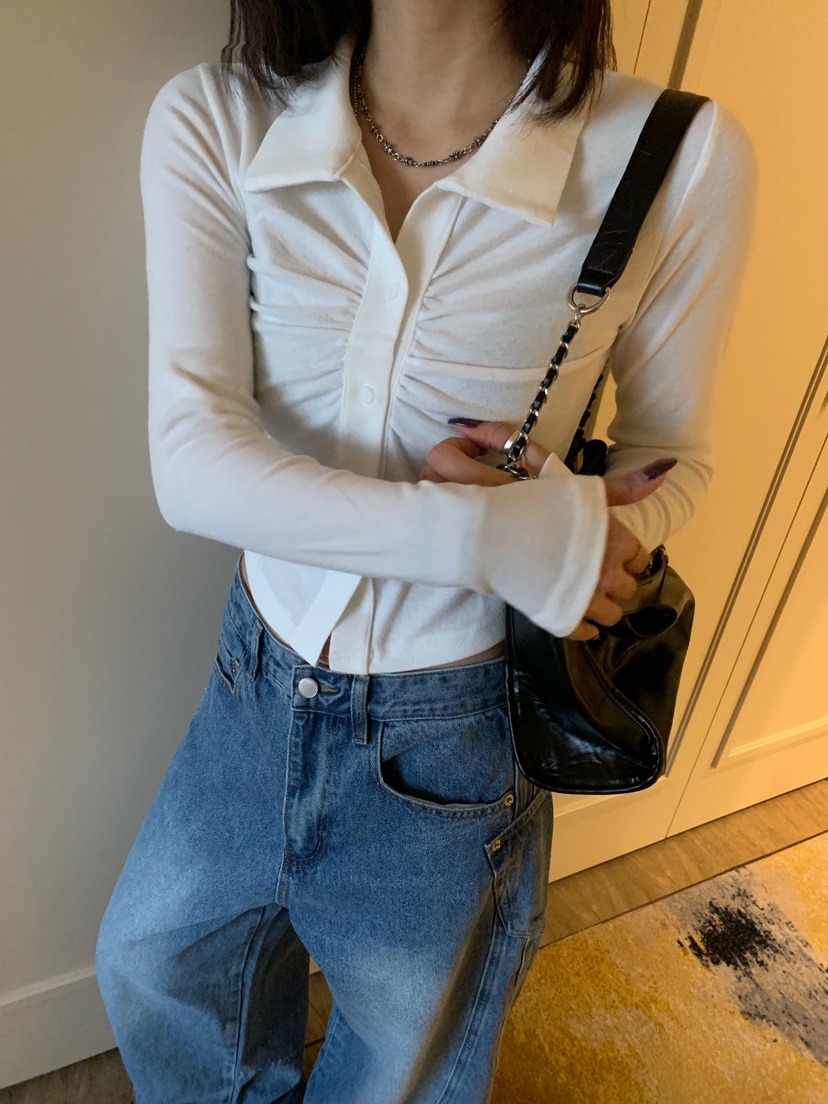 BADCALM韓國直郵㊣女裝新品時尚熱賣25秋冬職業長袖T恤褶皺BADCALM長袖T恤