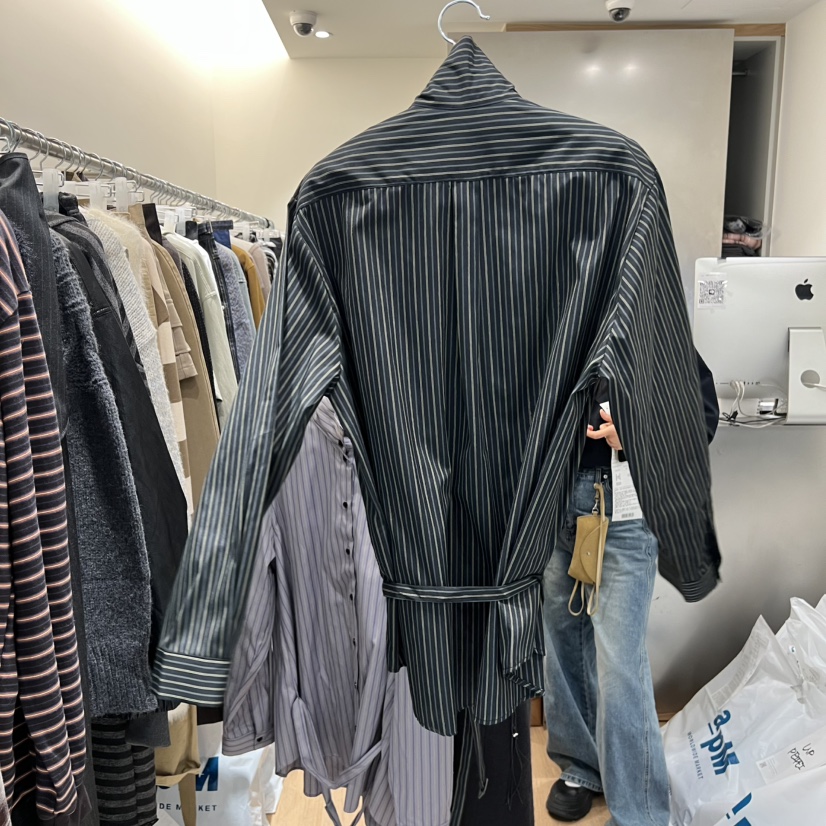 MEET ME韓國代購㊣女士新品25秋冬休閑襯衫蕾絲衫含腰帶條紋MEET ME襯衫/蕾絲衫