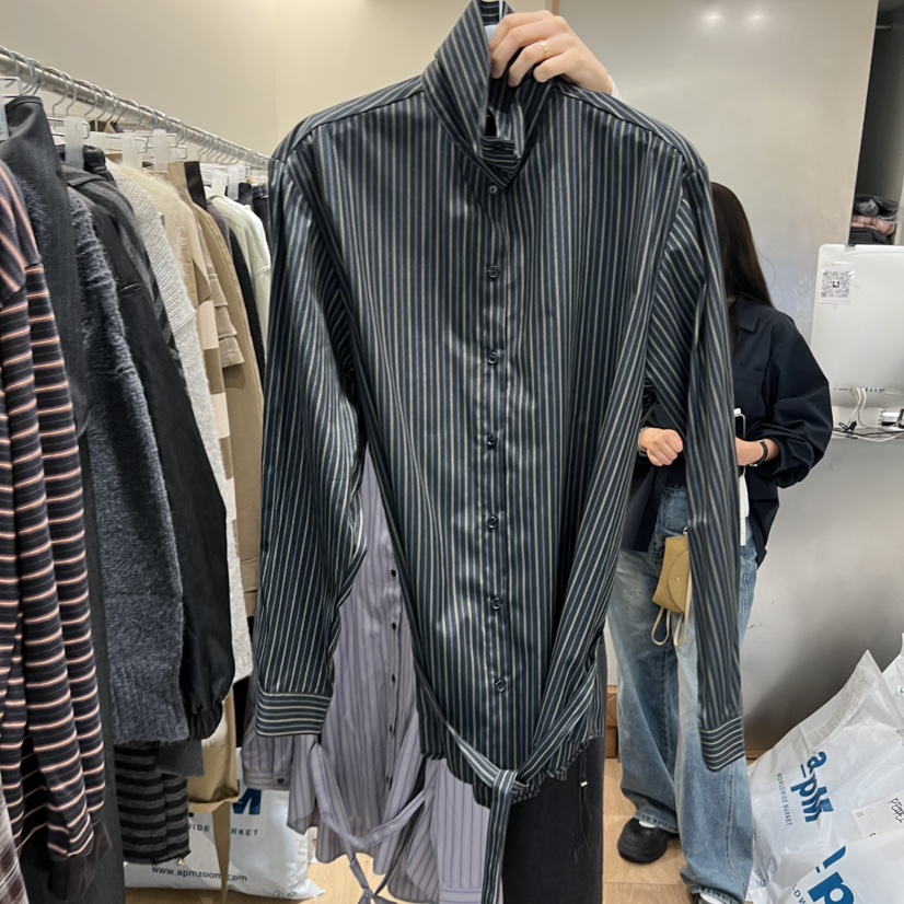 MEET ME韓國代購㊣女士新品25秋冬休閑襯衫蕾絲衫含腰帶條紋MEET ME襯衫/蕾絲衫圖色1
