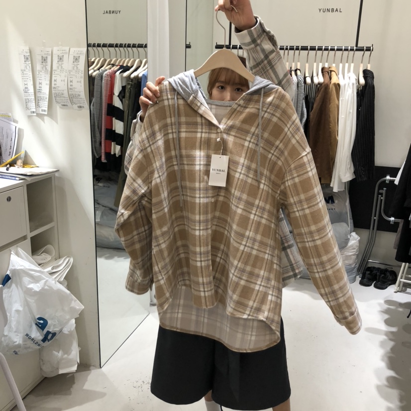 YUNBAL東大門㊣代購女裝新款休閑熱賣時尚職業夾克格紋連帽YUNBAL夾克圖色2