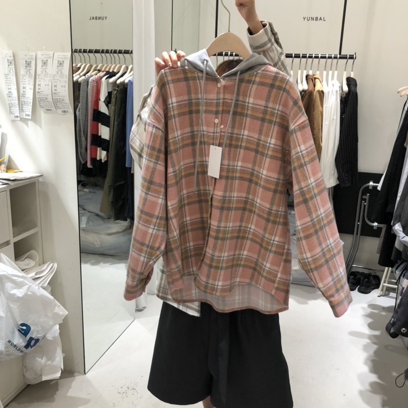 YUNBAL東大門㊣代購女裝新款休閑熱賣時尚職業夾克格紋連帽YUNBAL夾克圖色3