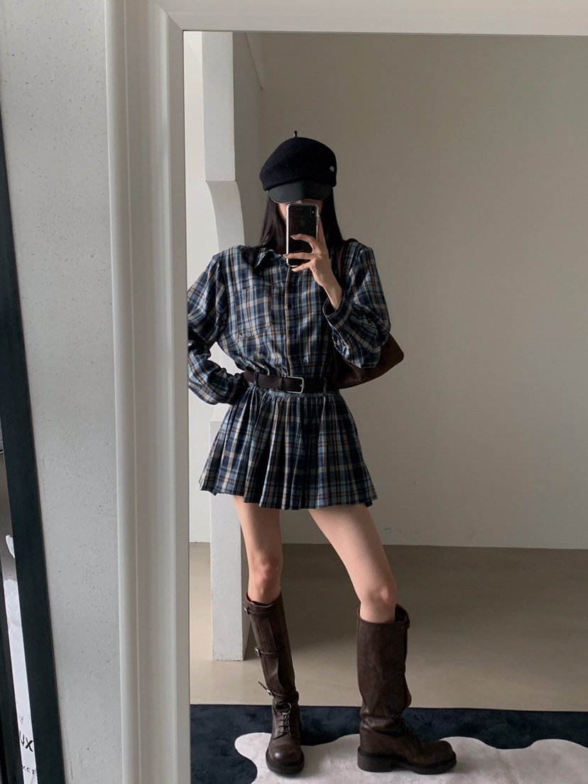 VERANDA韓國代購㊣女裝新款真品時尚職業休閑人氣連衣裙格紋VERANDA連衣裙