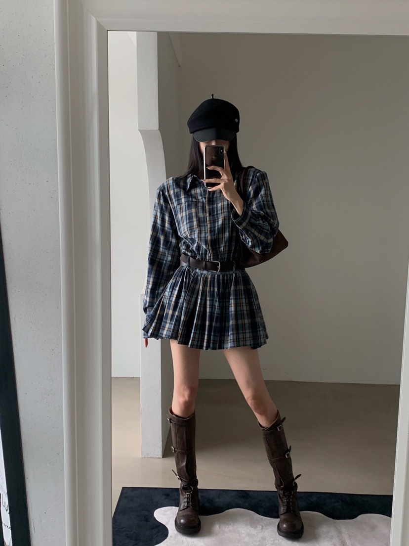VERANDA韓國代購㊣女裝新款真品時尚職業休閑人氣連衣裙格紋VERANDA連衣裙