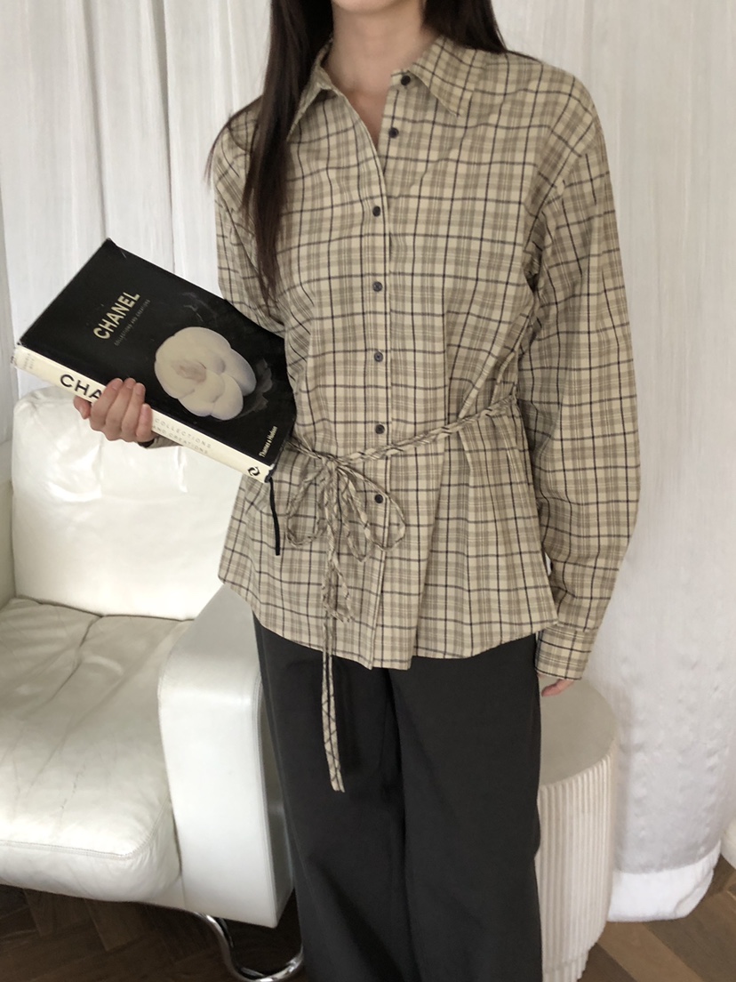 THE ABLE韓國代購㊣女士新款職業25秋冬襯衫蕾絲衫含腰繩格紋THE ABLE/TA襯衫/蕾絲衫