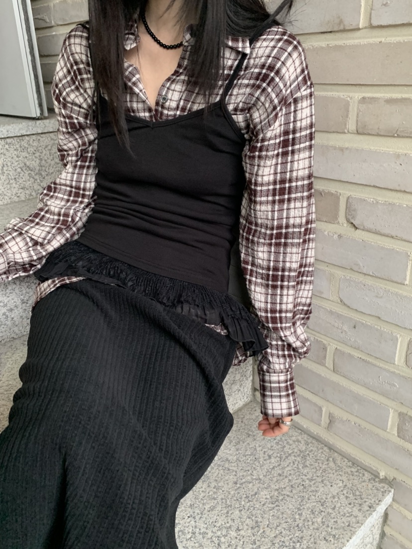 VAARA東大門㊣實拍女士新款職業休閑時尚襯衫蕾絲衫奶油色格紋VAARA襯衫/蕾絲衫