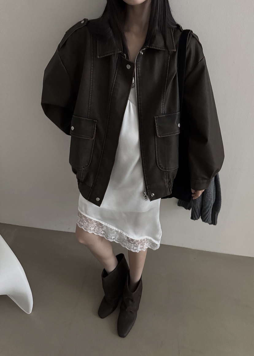 AMOOD韓國代購㊣女士新品休閑時尚熱賣真品25秋冬推薦夾克皮革AMOOD夾克
