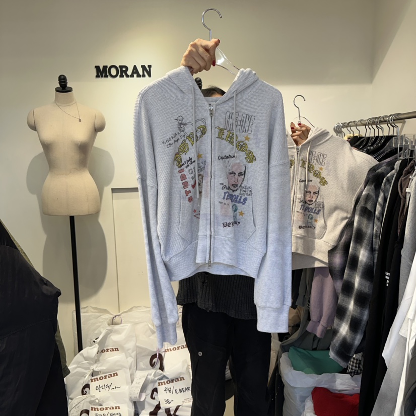 MORAN韓國直郵㊣女士新款推薦休閑人氣夾克華夫格連帽衫短款MORAN/MOSCO夾克圖色2