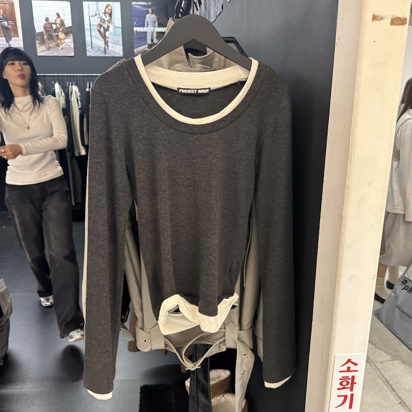 PROJECT WAVE-P韓國代購㊣女裝新款真品人氣長袖T恤假兩件PROJECT WAVE長袖T恤圖色2墨色