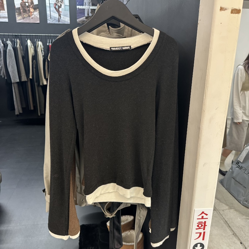 PROJECT WAVE-P韓國代購㊣女裝新款真品人氣長袖T恤假兩件PROJECT WAVE長袖T恤圖色3黑色