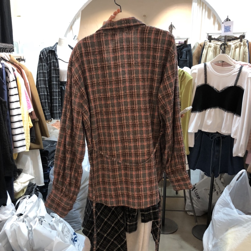 OZ韓國直郵㊣女士新品25秋冬休閑襯衫蕾絲衫含腰繩復古格紋OZ.ounce襯衫/蕾絲衫