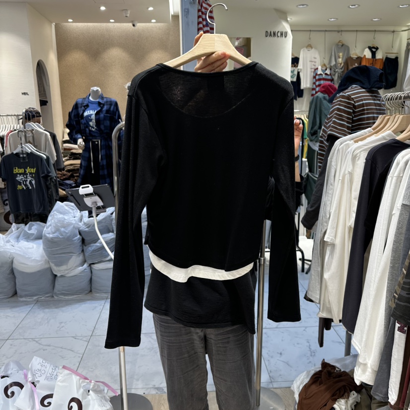 UNDERSTAR_VINTAGE東大門㊣實拍女士新品25秋冬長袖T恤假兩件雙排扣UNDERSTAR_VINTAGE長袖T恤