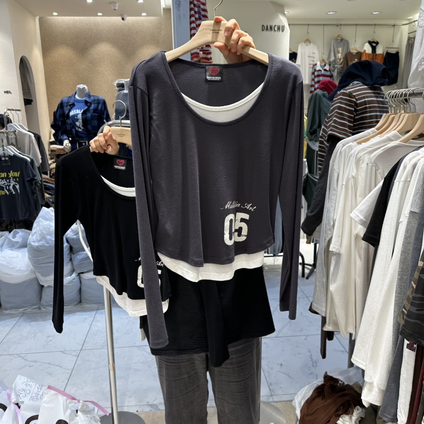 UNDERSTAR_VINTAGE東大門㊣實拍女士新品25秋冬長袖T恤假兩件雙排扣UNDERSTAR_VINTAGE長袖T恤圖色3