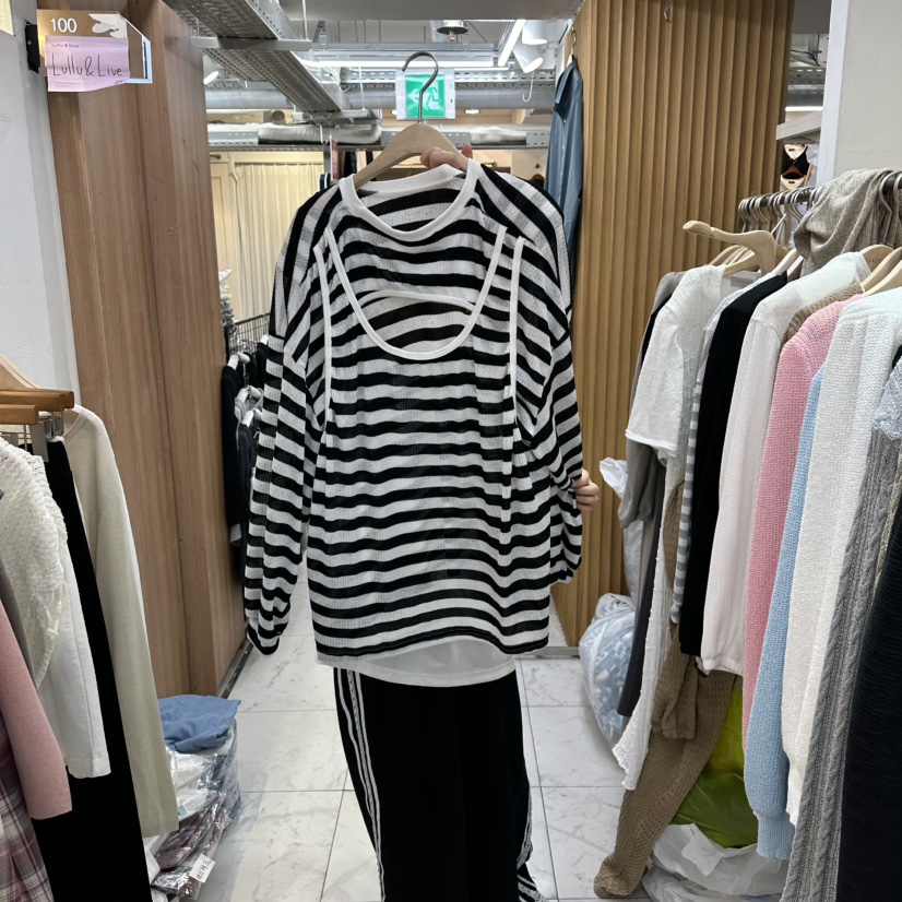 空韓國直郵㊣女士新品25秋冬職業真品推薦時尚長袖T恤開衩條紋空長袖T恤