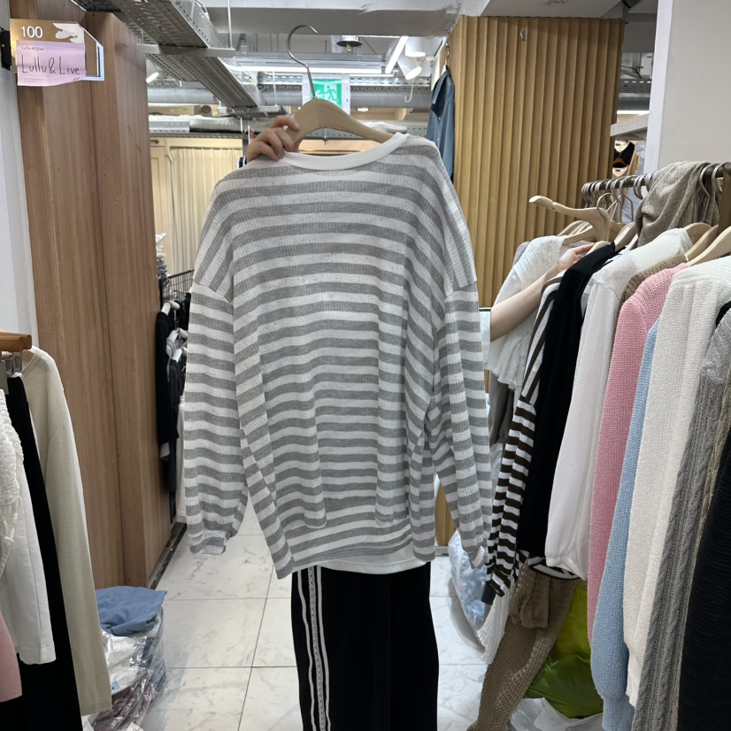 空韓國直郵㊣女士新品25秋冬職業真品推薦時尚長袖T恤開衩條紋空長袖T恤圖色1
