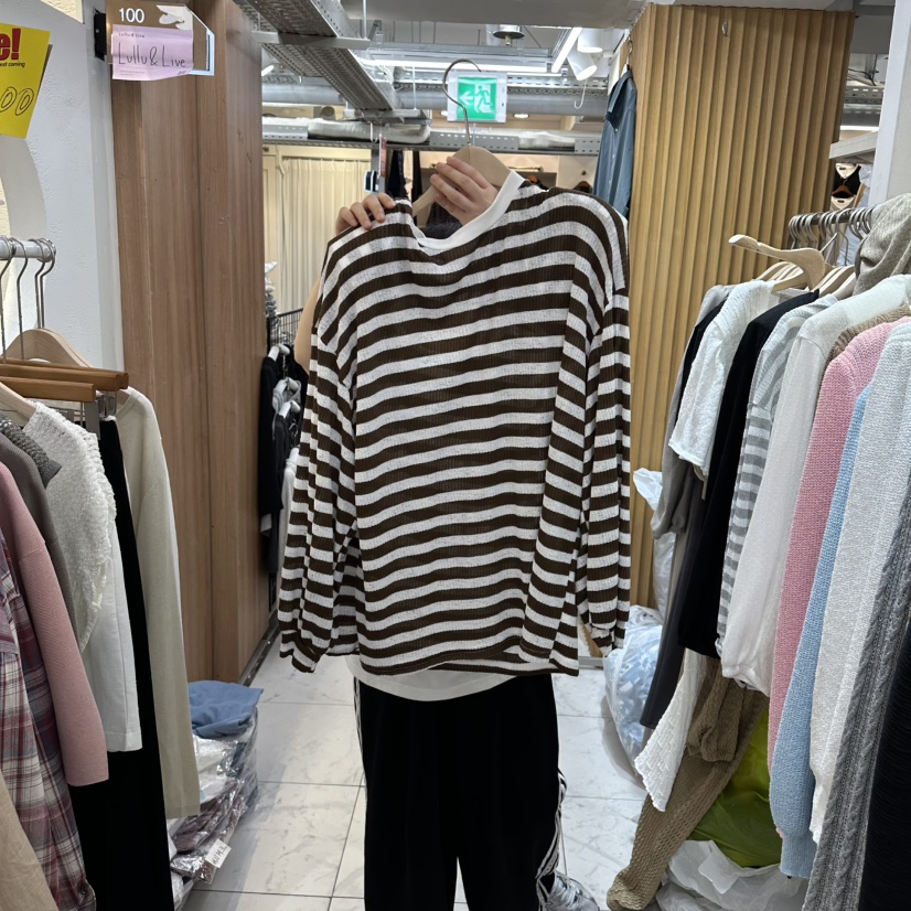 空韓國直郵㊣女士新品25秋冬職業真品推薦時尚長袖T恤開衩條紋空長袖T恤圖色2
