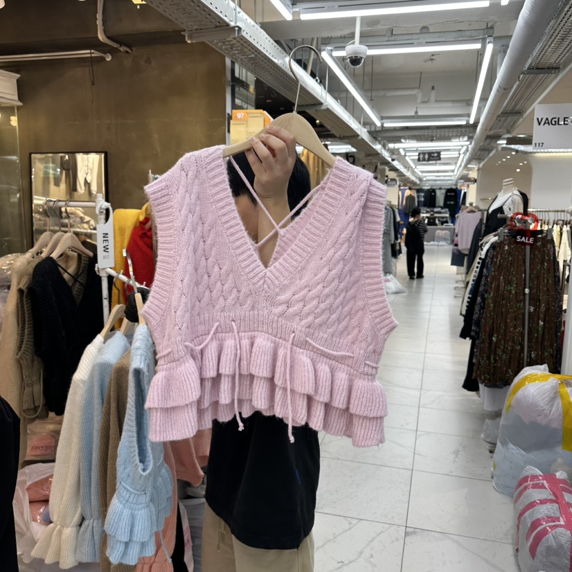 空韓國直郵㊣女裝新品真品25秋冬時尚熱賣吊帶背心褶邊針織空吊帶/背心圖色1