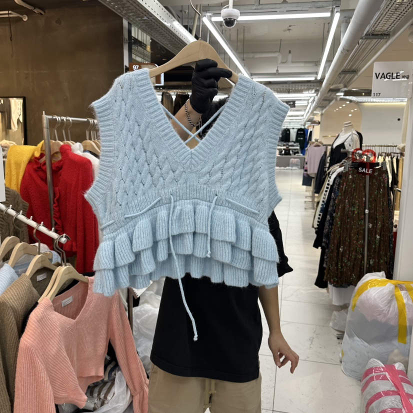 空韓國直郵㊣女裝新品真品25秋冬時尚熱賣吊帶背心褶邊針織空吊帶/背心圖色2