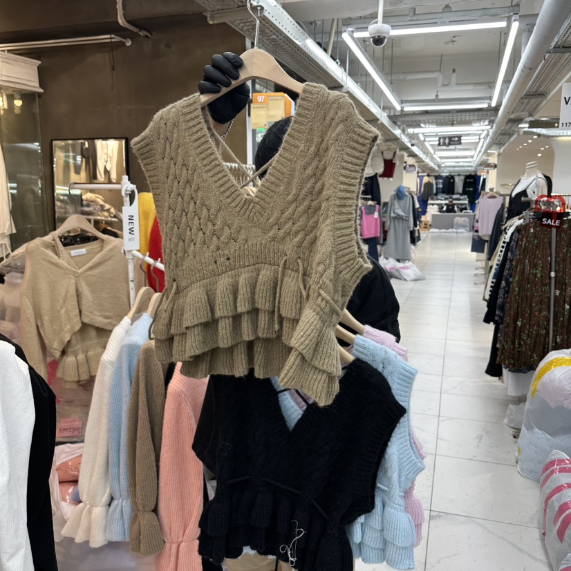 空韓國直郵㊣女裝新品真品25秋冬時尚熱賣吊帶背心褶邊針織空吊帶/背心圖色3