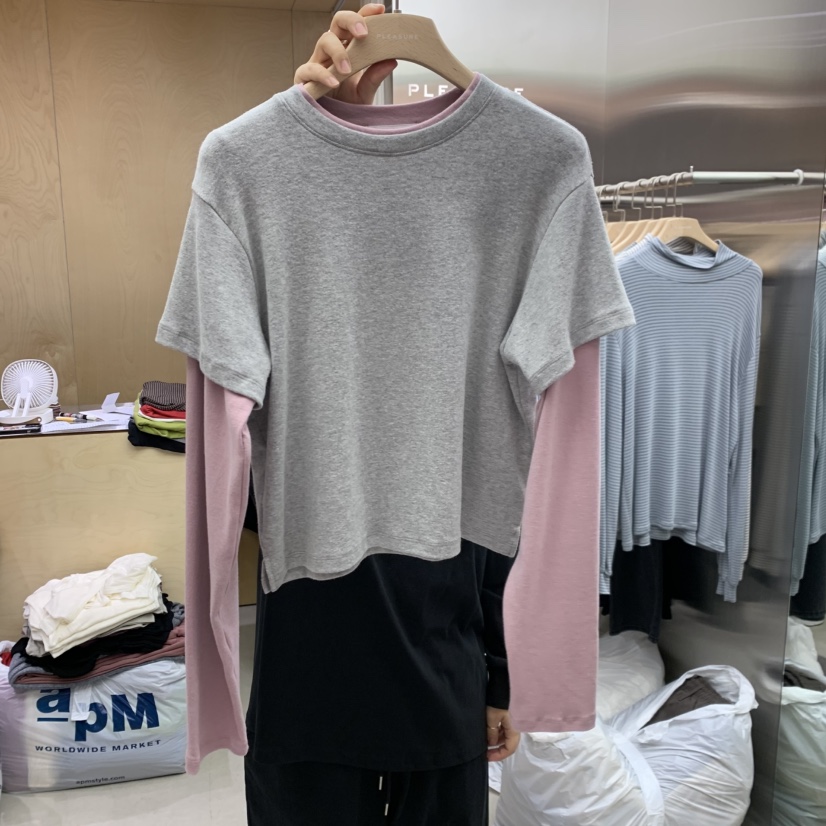 PLEASURE韓國代購㊣女士新品休閑熱賣人氣25秋冬長袖T恤假兩件PLEASURE長袖T恤圖色1