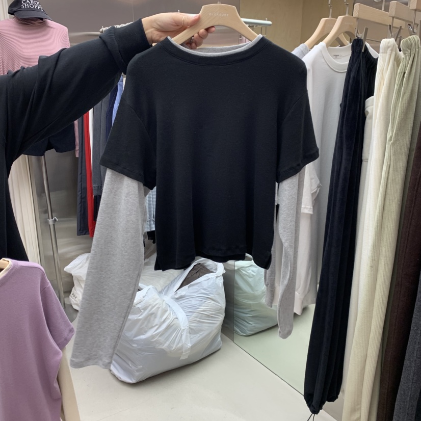 PLEASURE韓國代購㊣女士新品休閑熱賣人氣25秋冬長袖T恤假兩件PLEASURE長袖T恤圖色2