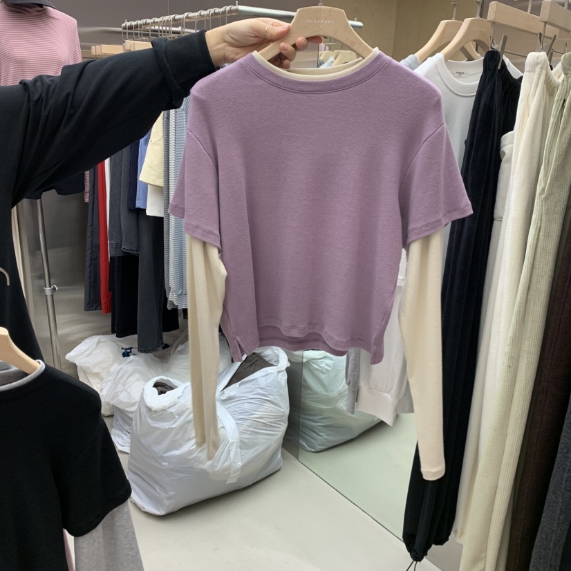 PLEASURE韓國代購㊣女士新品休閑熱賣人氣25秋冬長袖T恤假兩件PLEASURE長袖T恤圖色3