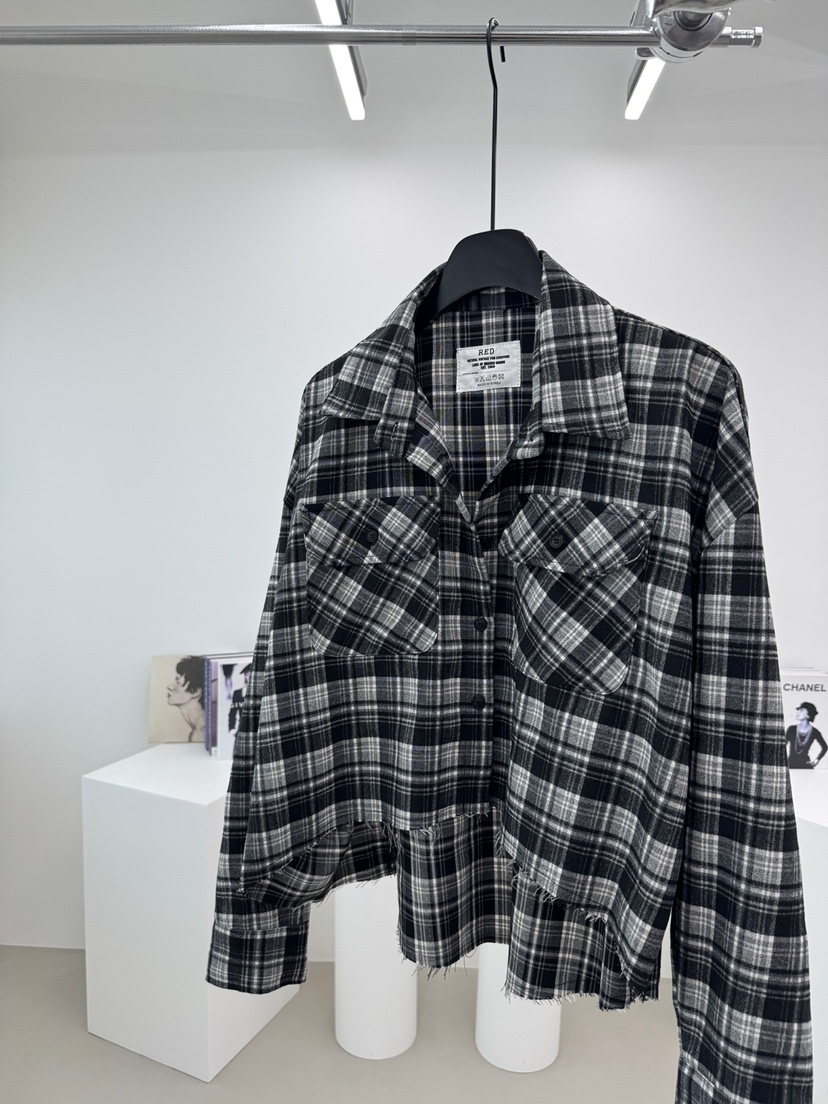 RED-A韓國代購㊣女裝新品25秋冬熱賣襯衫蕾絲衫不對稱格紋RED-A襯衫/蕾絲衫圖色3