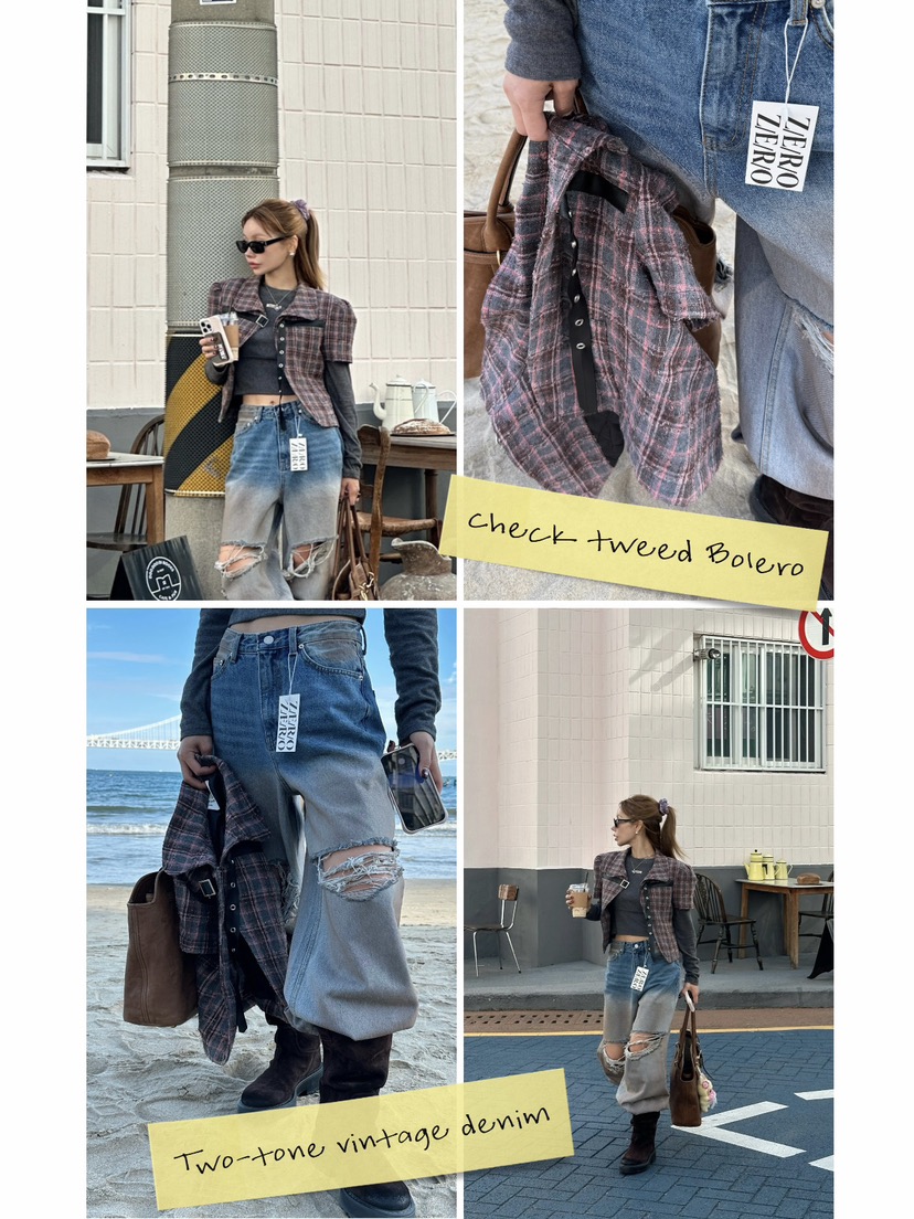 ZEROZERO韓國直郵㊣女裝新款熱賣推薦職業夾克粗花呢格紋絎縫ZEROZERO夾克