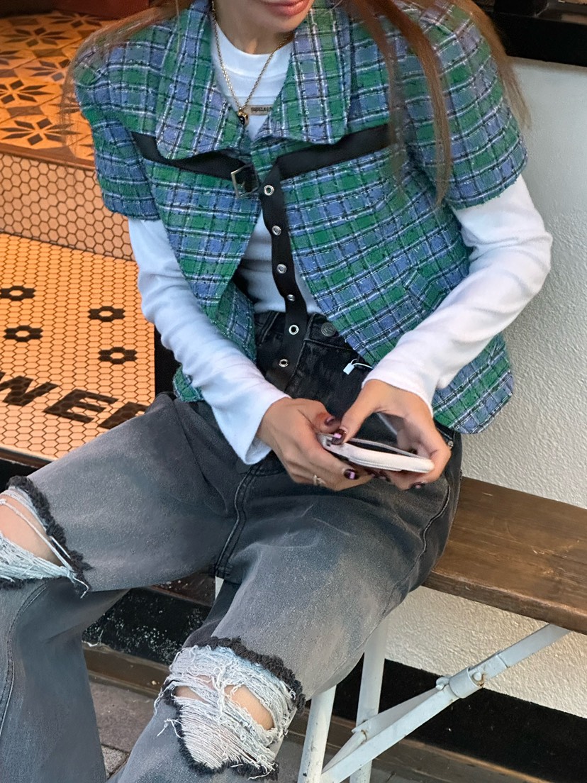 ZEROZERO韓國直郵㊣女裝新款熱賣推薦職業夾克粗花呢格紋絎縫ZEROZERO夾克