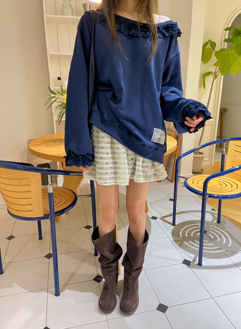 BOUTIQUE-L東大門㊣實拍女士新款熱賣真品人氣衛衣荷葉邊露肩BOUTIQUE-L衛衣