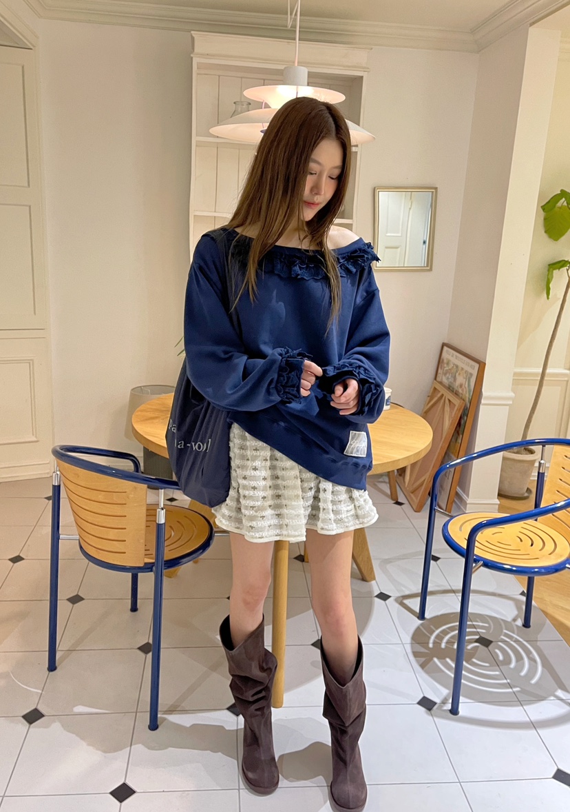 BOUTIQUE-L東大門㊣實拍女士新款熱賣真品人氣衛衣荷葉邊露肩BOUTIQUE-L衛衣