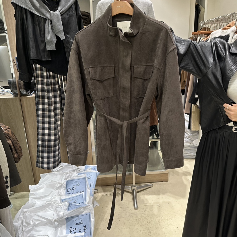 MELO韓國直郵㊣女裝新品真品人氣職業25秋冬休閑夾克腰帶絲質MELO夾克圖色1
