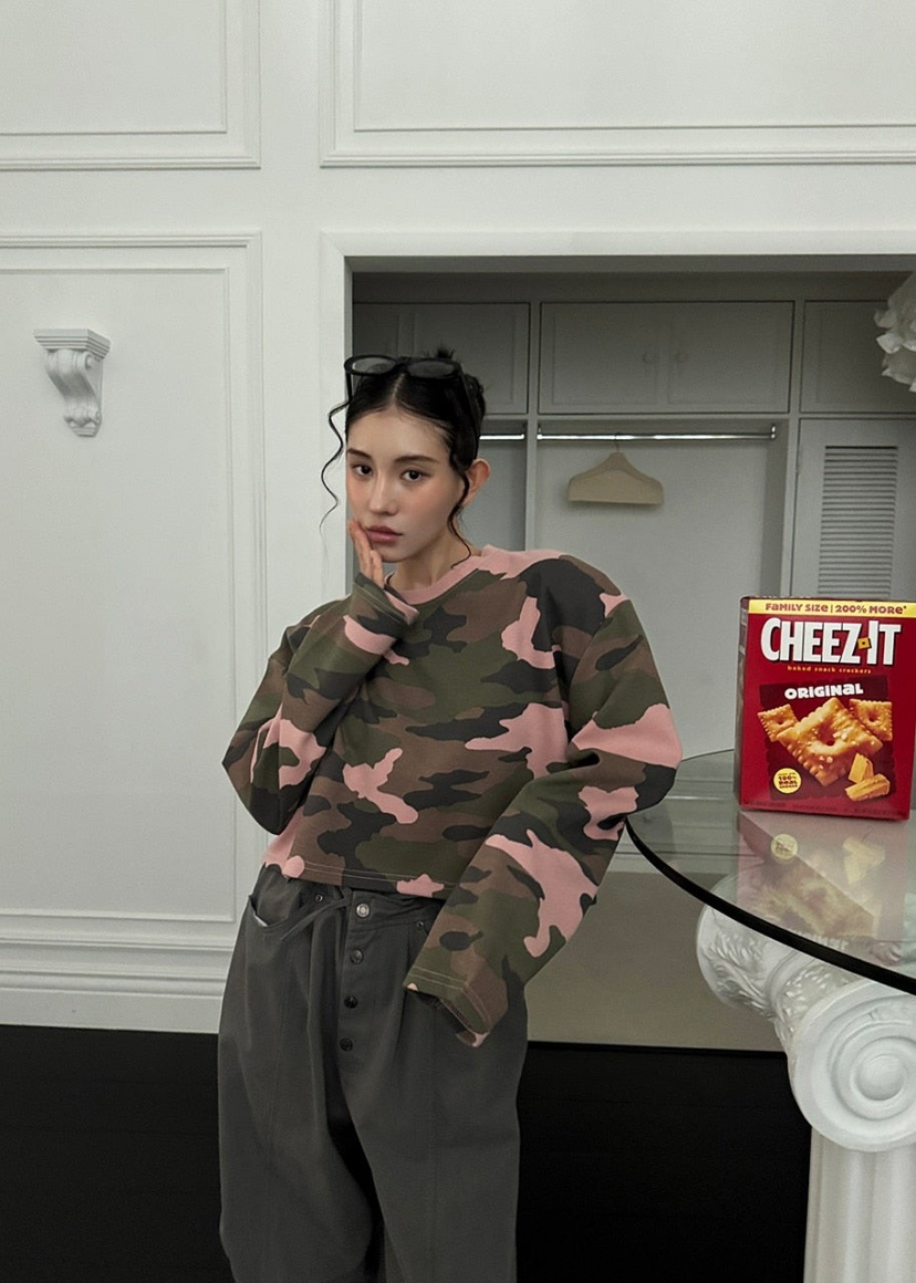 OURWAVE/OUR ROOM東大門㊣代購女裝新品推薦長袖T恤迷彩短款Our Wave/Our Room長袖T恤