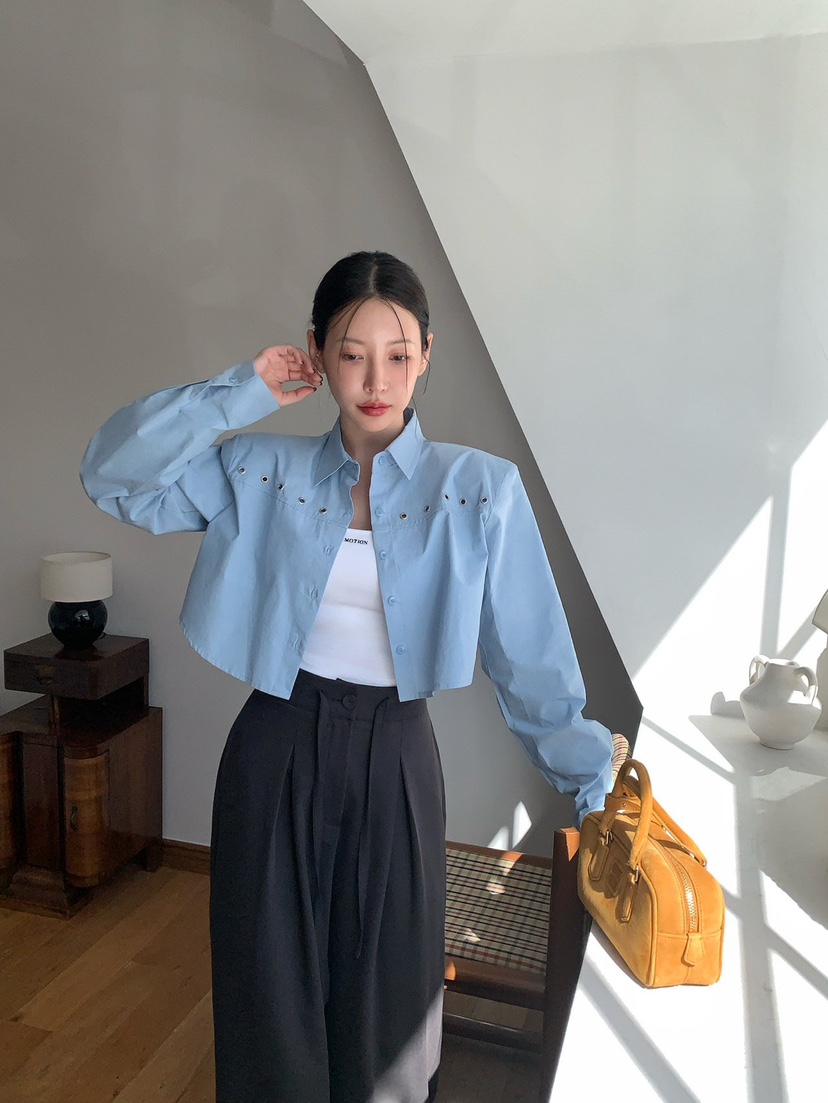 REVE CITE-L韓國直郵㊣女士新品休閑25秋冬襯衫蕾絲衫短款REVE CITE襯衫/蕾絲衫