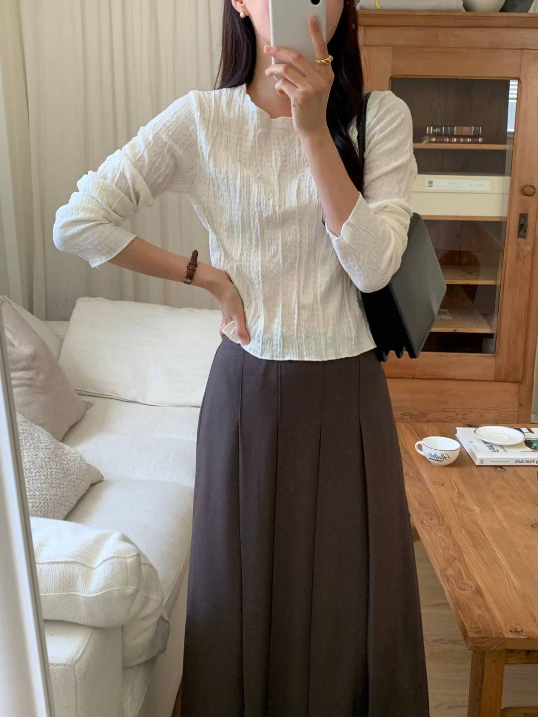 SUNDAY韓國直郵㊣女士新款職業休閑人氣25秋冬長袖T恤褶皺紐扣SUNDAY長袖T恤圖色1